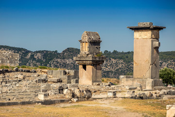 ruins of ancient sarcophagus and tombs in Xanthos,. Turkey