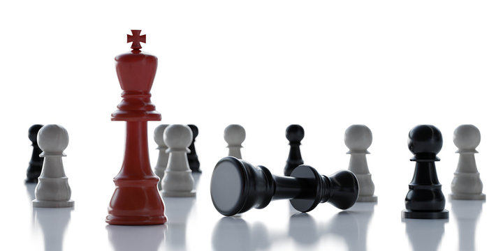 Chess game - red king figure and fallen queen and pawns on a white background 3d render illustration