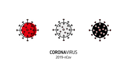 Coronavirus 2019-nCoV. Corona virus icons set. Black on white background isolated. For health and medicinal design in line style.