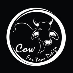 Vector of picture cow head design,Shop sign design ,logo design,Farm Animals,Black and white picture,Line animal,on the black background.