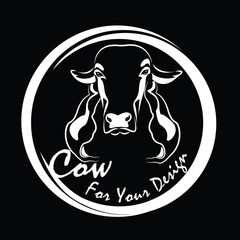 Vector of picture cow head design,Shop sign design ,logo design,Farm Animals,Black and white picture,Line animal,on the black background.