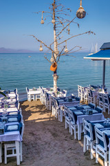 Tables and Chairs on the beach at Datca, Turkey
