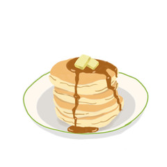 Stack of pancakes with maple syrup and piece of butter, hand drawn illustration isolated on white background.