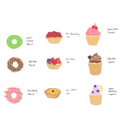 Set of pastry and sweets, donuts, tarts and cupcakes. Fresh Pastry Illustrations, hand drawn illustration isolated on white background