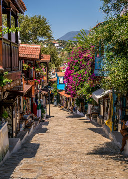 Narrow cobbled street in the Old Town of Kas, Turkey