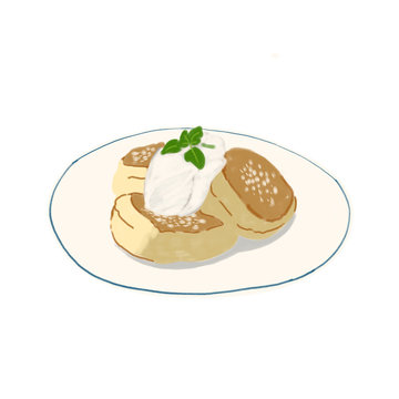 Stack of pancakes with maple syrup and piece of butter, hand drawn illustration isolated on white background. Fluffy soft sweet desserts.