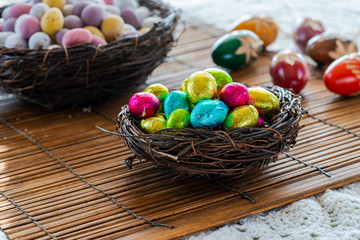 Fototapeta na wymiar Colorful Easter chocolate eggs in a nest.
