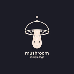 Mushroom logo shop vector. Fungi medicine agriculture outline symbol design on a black background.