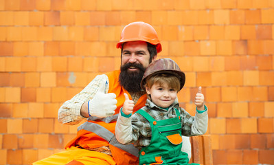 Builders thumbs up. Successful construction. Quality housing. New home for the family. Success...