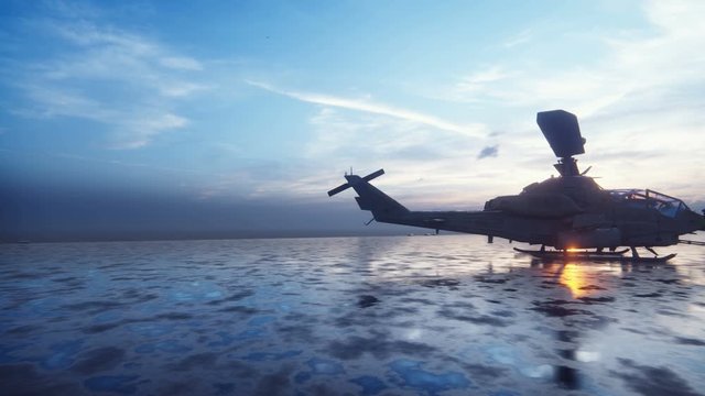 Military helicopters take off from an aircraft carrier in the early morning.