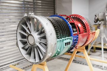Aircraft engine bisect shows internal structure on display