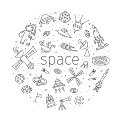 Hand-drawn space elements. Round frame in outline style. Concept with symbols of cosmos. Vector illustration on the theme of astronomy.