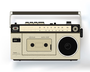 Cassette retro audio recorder. Music player.  Vector cassette recorder XXL icon. Retro outdated cassette tape recorder from 80s on table front mint green background. Vintage old style/