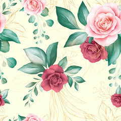 Seamless pattern of gold watercolor flowers arrangements with geometric glitter on cream background for fashion, print, textile, fabric, and card background