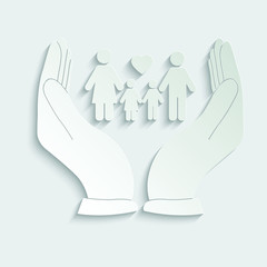 Paper Family Icon.  Family care icon. the hand  is holding a family vector icon