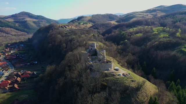 Bologa, Cluj/Romania-05.15.2019-Aerial view over Bologa fortress-a settlement from the time of the Roman Empire when it was called Resculum.The fortress is in the process of renovation with EU fonds