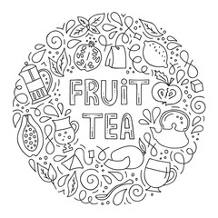 Fruit tea. Round frame with lettering and tea symbols in outline style. Composition with abstract hand drawn elements. Doodle style. Template for cafe menu, packaging or signboard.