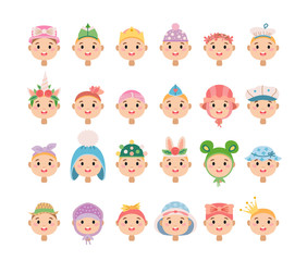 A Cartoon kids hats set. Stylish hats
