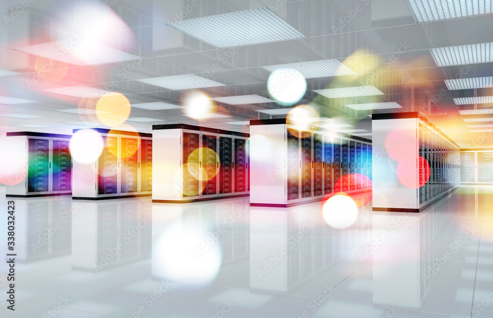 Fototapete servers data center room with bright bokeh light going through the corridor 3d rendering