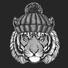 Tiger portrait. Winter knitted hat. Wild cat head.