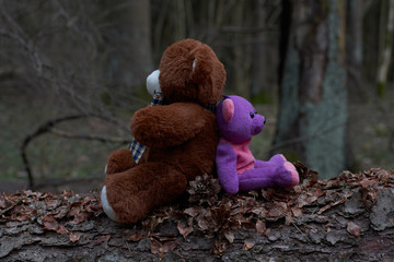 Purple and brown teddy bears are sitting with their backs to each other on a fallen tree in forest. Concept - people, friends, children, lovers, family.