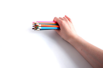 hand holds color pencils on a white background
