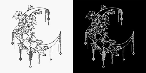 moon and flower tattoo, monoline design