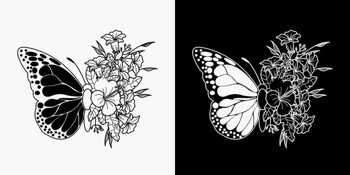 butterfly and flower tattoos, illustration of merging butterflies and flowers, monoline design