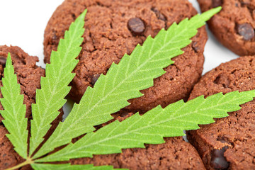 Chocolate cannabis butter cookies with marijuana and hemp, healthy cookies on white isolated background. Cannabis CBD Cannabidiol with Hemp. Medical marijuana for use in food