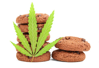 Cooking Cannabis CBD Cannabidiol with Hemp Herb. Cookies with cannabis leaf macro. Medical marijuana for use in food. Medicinal Edibles. Full Legalization in Uruguay and Canada