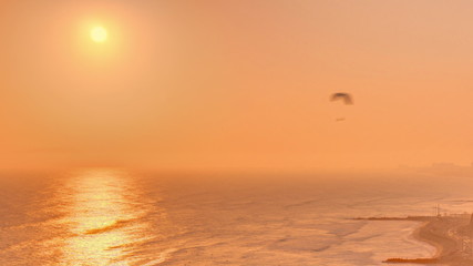 Aerial sunset view of Lima's Coastline in the neighborhood of Miraflores timelapse, Lima, Peru