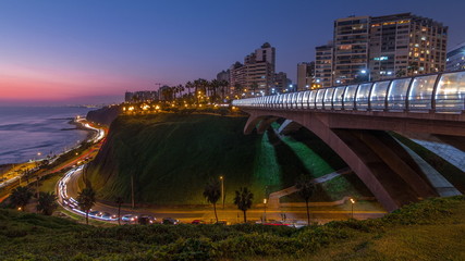 Villena Bridge with traffic and partial City view in the Background day to night timelapse, Lima, Peru. - obrazy, fototapety, plakaty