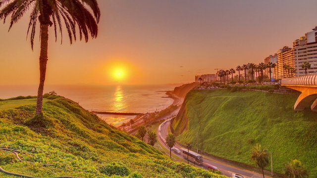 Aerial sunset view of Lima's Coastline in the neighborhood of Miraflores timelapse, Lima, Peru