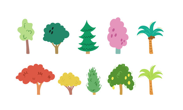 Cartoon tree set with hand drawn elements isolated on white background. Flat trees doodle design. Simple colorful nature silhouettes vector illustration. Mango tree, spruce, asian, european trees.
