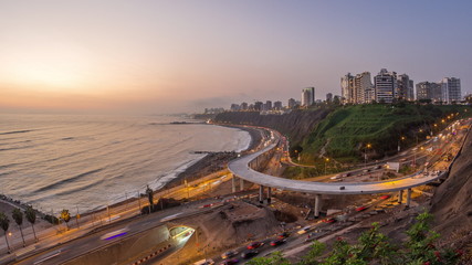 Fototapeta premium Aerial view of Lima's Coastline in the neighborhood of Miraflores day to night timelapse, Lima, Peru