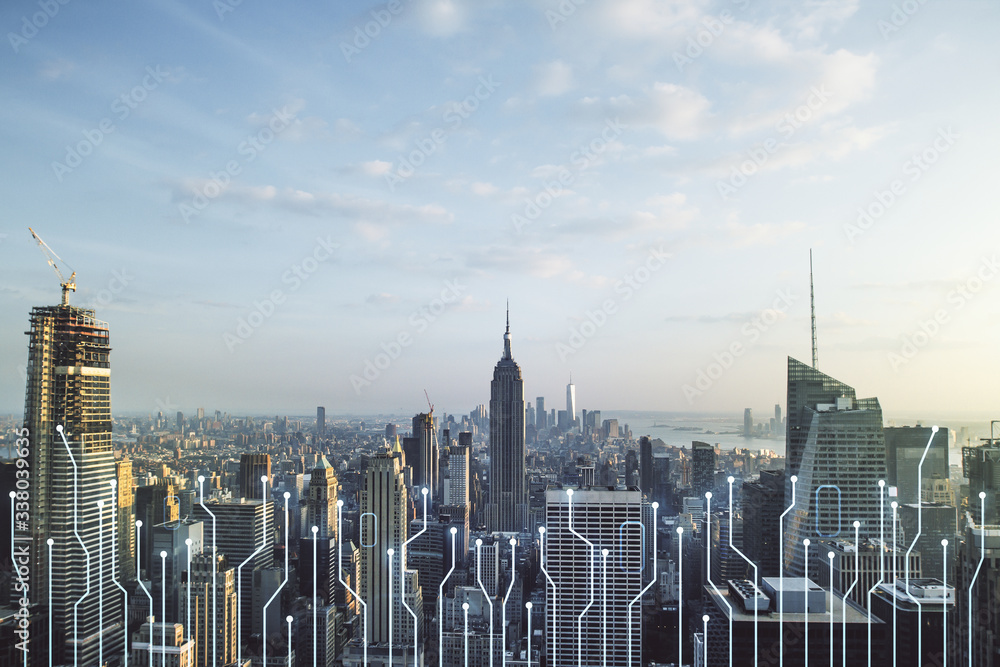 Poster abstract virtual microscheme illustration on new york city skyline background. big data and database