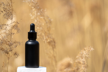 Serum oil in bottle with pipette against healing dry plants