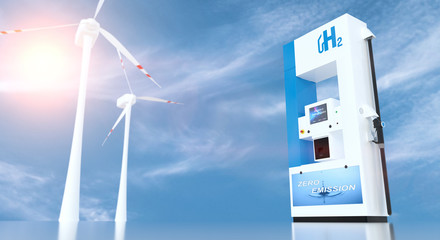 hydrogen logo on gas station. h2 combustion engine for emission free ecofriendly transport.