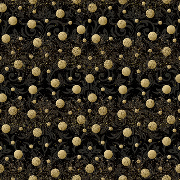 Black And Gold Polka Dot Fabric Background.