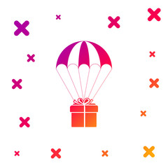 Color Gift box flying on parachute icon isolated on white background. Delivery service, air shipping concept, bonus concept. Gradient random dynamic shapes. Vector Illustration