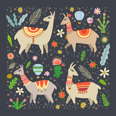 Lama set in cartoon style. Llama and cacti.