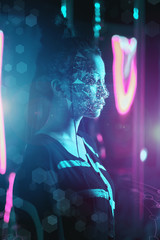 Asian woman with face ID concept in neon light