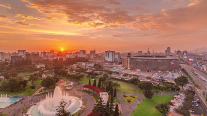 Aerial sunset view of the National stadium in the Peruvian capital Lima with Park of the Reservey...