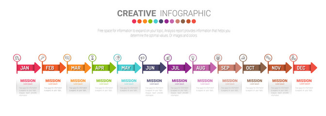Timeline business for 12 months, 1 year, Timeline infographics design vector and Presentation business can be used for Business concept with 12 options, steps or processes. 