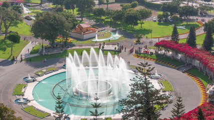 Aerial view to Park of the Reserve with magic water circuit biggest fountain complex timelapse