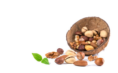 Mix nuts - walnuts, hazelnuts, almonds on a white background