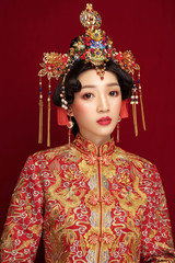 Girls in Japanese ancient costume in red background