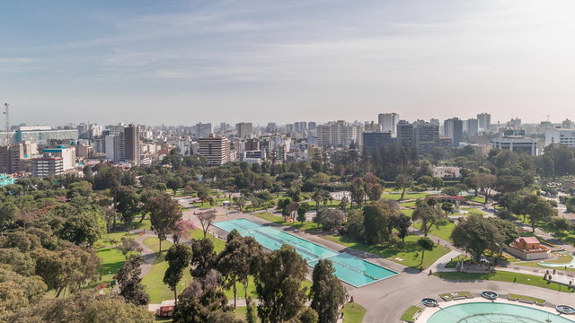 Aerial view to Park of the Reserve with magic water circuit biggest fountain complex timelapse