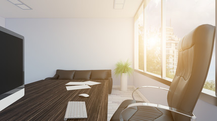 Large doctor’s office in a business center with a large window. Lawyer consulting.. 3D rendering. Sunset