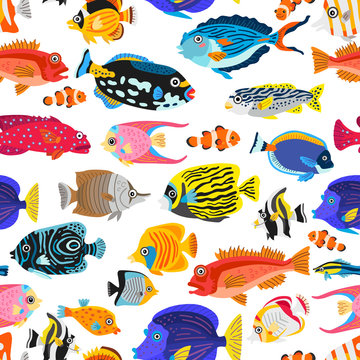 A seamless pattern with exotic tropical fishes